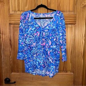 Lilly Pulitzer Etta 3/4 Sleeve Floral Party Wave V-neck Top Cotton Medium